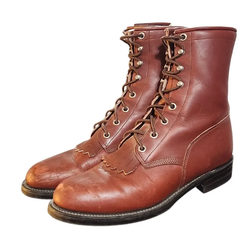 Justin Boots Kiltie Size 7 B Brown Lace Up Ankle Western Almond Toe Excellent